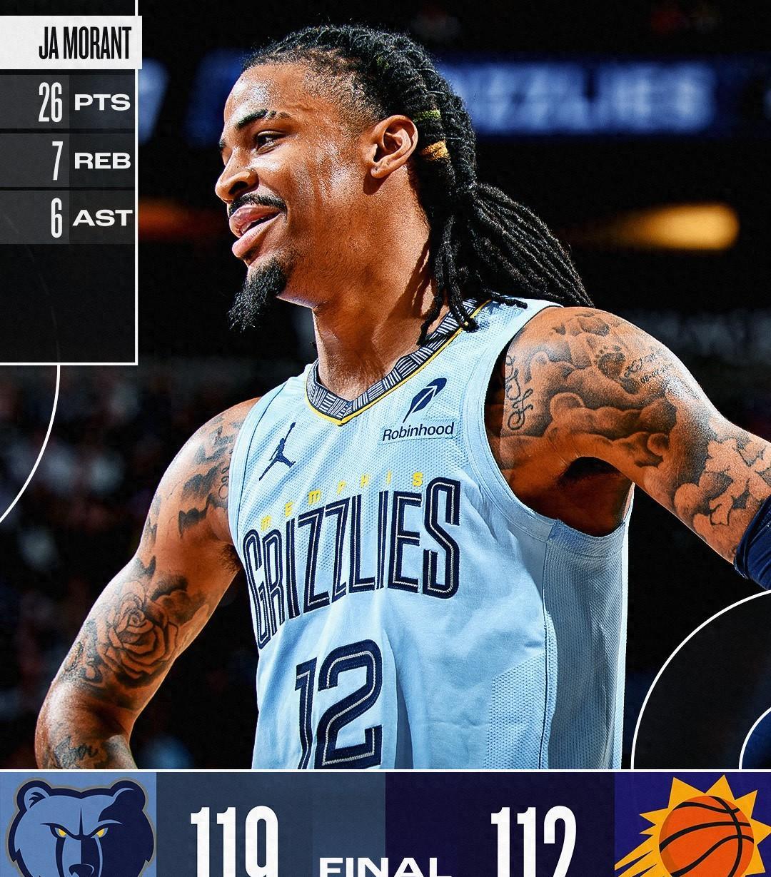 灰熊胜马刺，莫兰特砍下29分